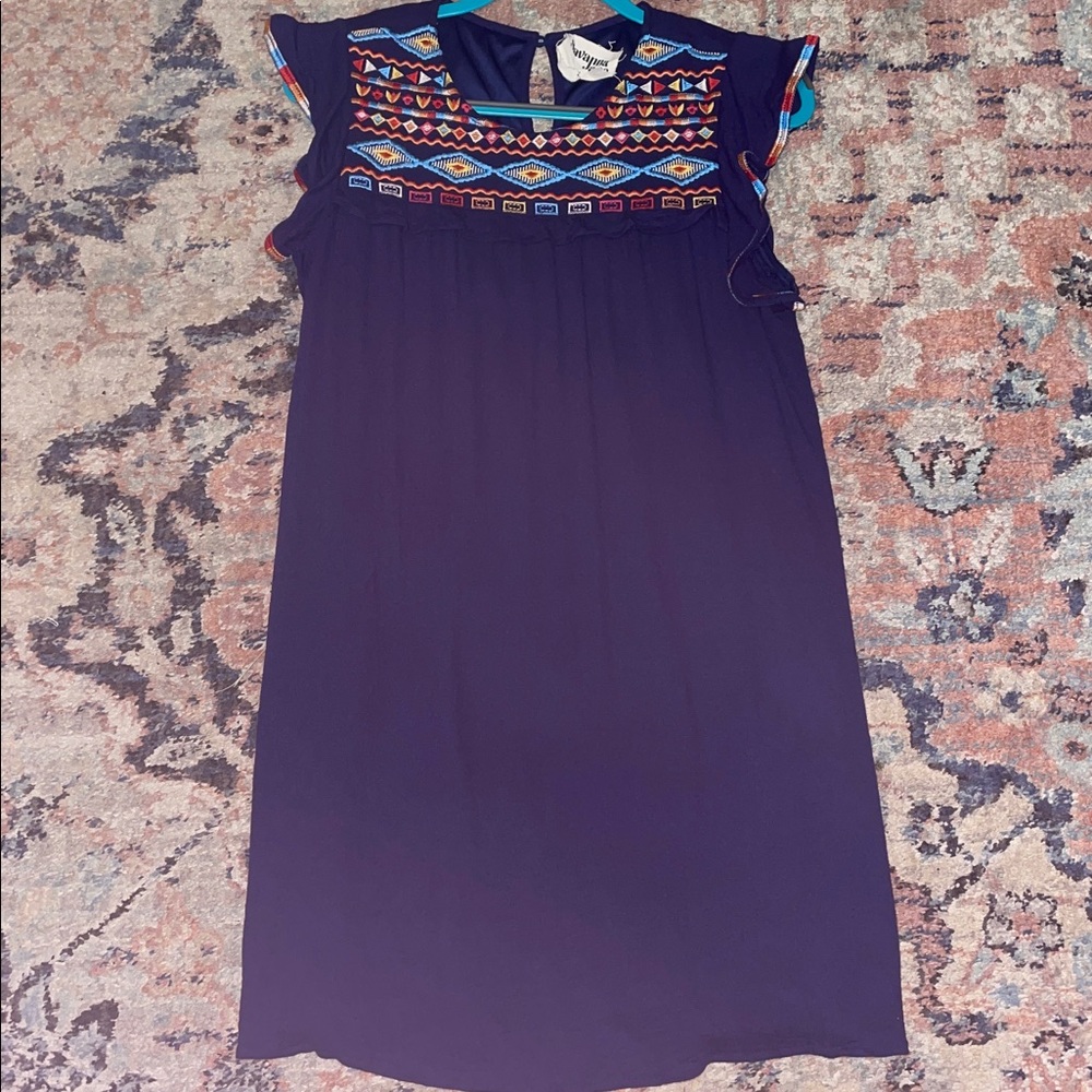 Savanna Jane Navy Mini Dress with Multicolor Embroidered Yoke